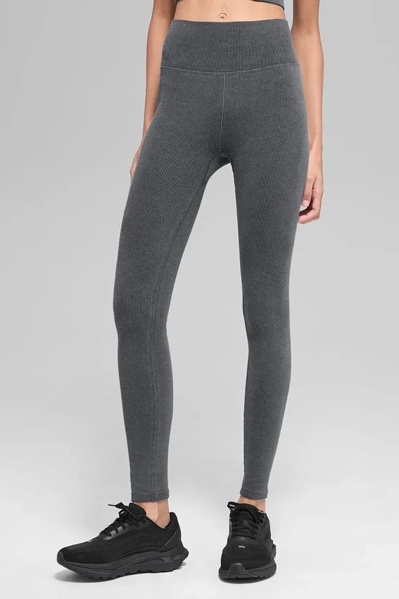 Dikişsiz High-Waist İki Tonlu Ribana Tayt - Koyu Sisli Gri Melanj