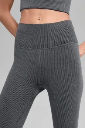 Dikişsiz High-Waist İki Tonlu Ribana Tayt – Koyu Sisli Gri Melanj