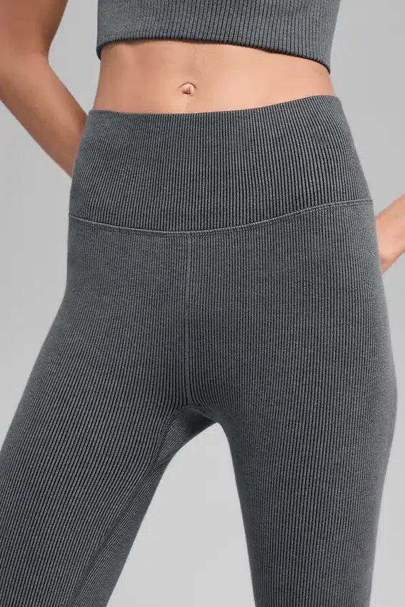 Dikişsiz High-Waist İki Tonlu Ribana Tayt - Koyu Sisli Gri Melanj