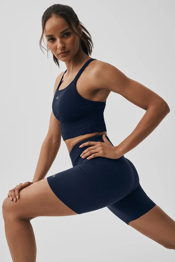 Dikişsiz Nervürlü Favori Sütyenli Tank Top - Lacivert