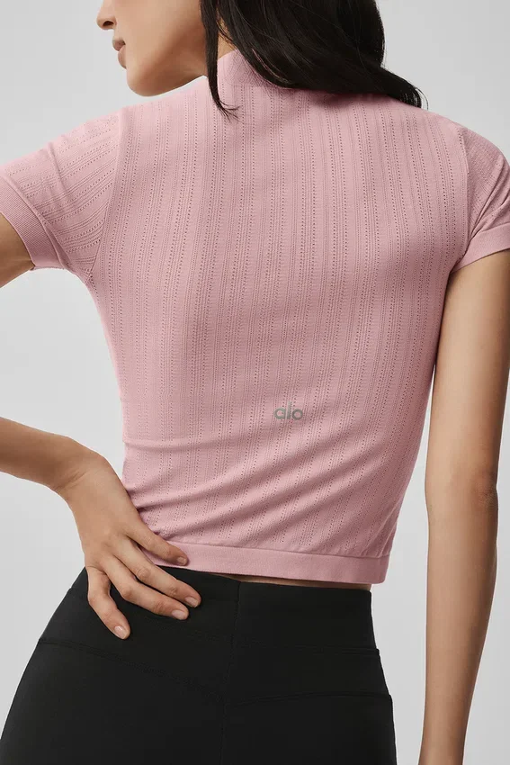 Dikişsiz Pointelle Yarım Yaka Şort - Vintage Pembe