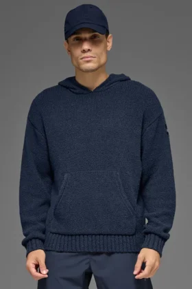 Dokulu Örme Kapüşonlu Kapüşonlu Sweatshirt - Lacivert