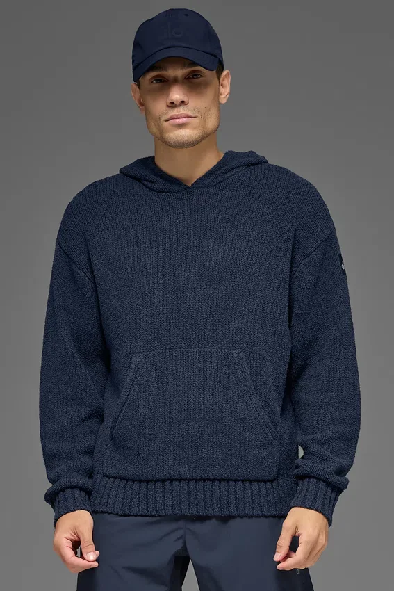 Dokulu Örme Kapüşonlu Kapüşonlu Sweatshirt - Lacivert