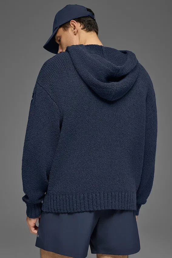 Dokulu Örme Kapüşonlu Kapüşonlu Sweatshirt - Lacivert