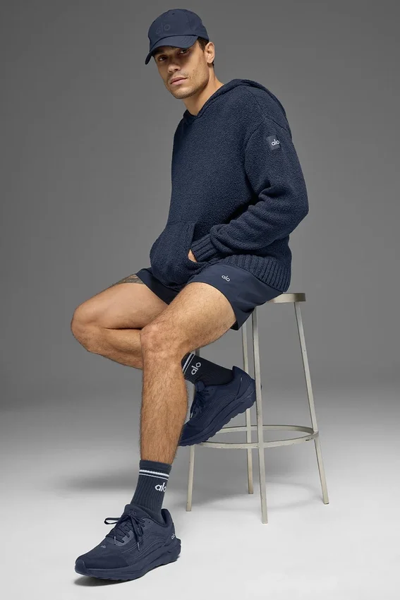 Dokulu Örme Kapüşonlu Kapüşonlu Sweatshirt - Lacivert