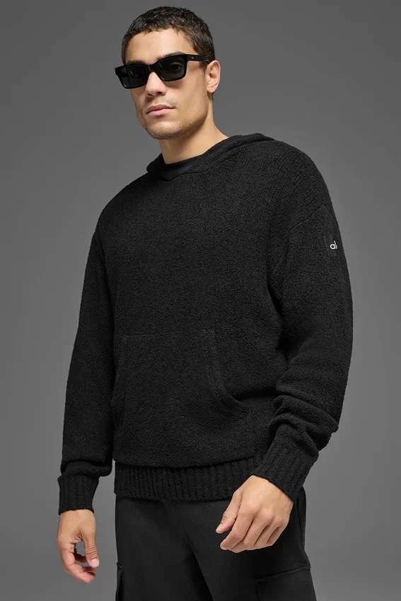 Dokulu Örme Kapüşonlu Kapüşonlu Sweatshirt - Siyah