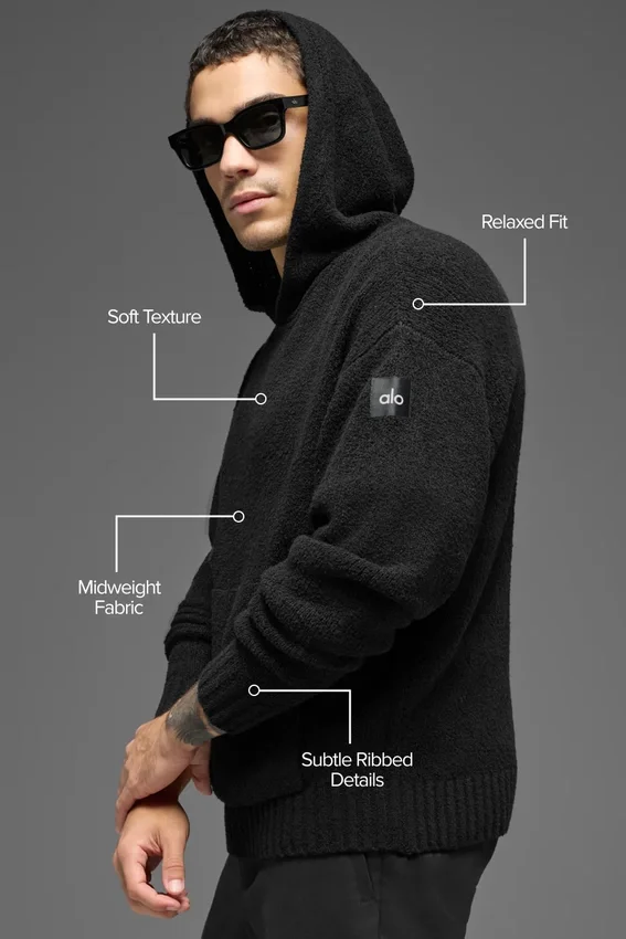 Dokulu Örme Kapüşonlu Kapüşonlu Sweatshirt - Siyah