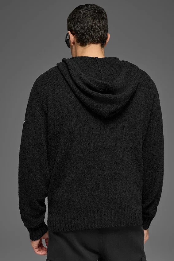 Dokulu Örme Kapüşonlu Kapüşonlu Sweatshirt - Siyah