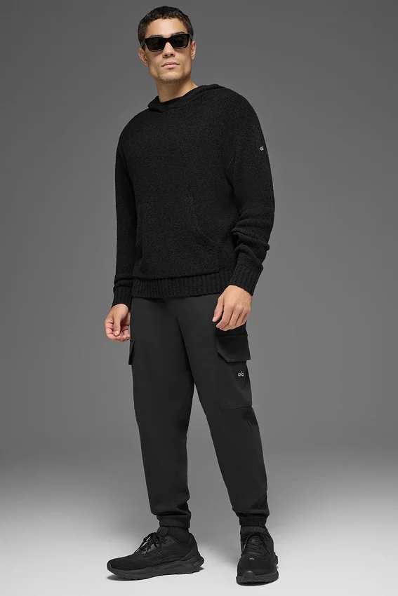Dokulu Örme Kapüşonlu Kapüşonlu Sweatshirt - Siyah