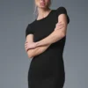 Goddess Nervürlü Kısa Kollu Şort Elbise - Siyah