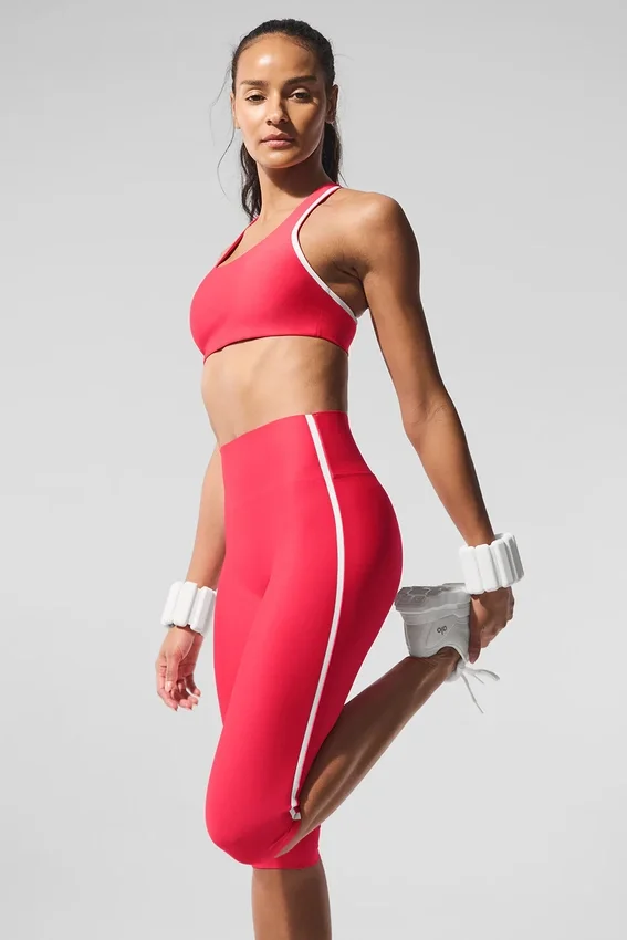 High-Waist Airlift Süper Şık Kontrast Kapri - Şeker Kırmızısı/Beyaz