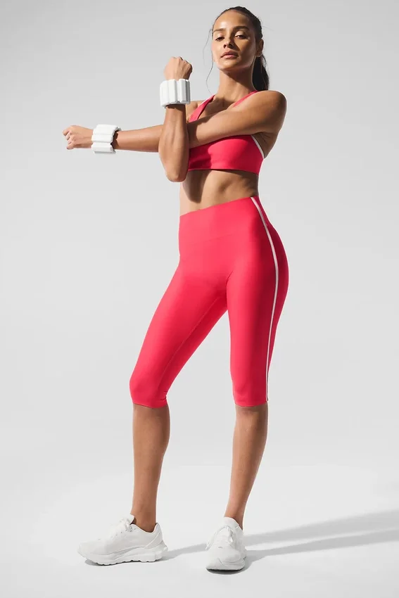 High-Waist Airlift Süper Şık Kontrast Kapri - Şeker Kırmızısı/Beyaz
