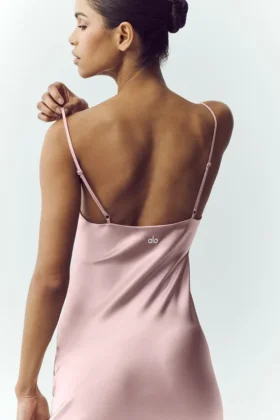 Işıltılı İpek Slip Elbise – Pembe Şampanya