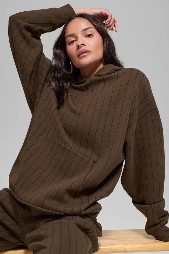 Çizgili Kapüşonlu Sweatshirt - Espresso Çizgili