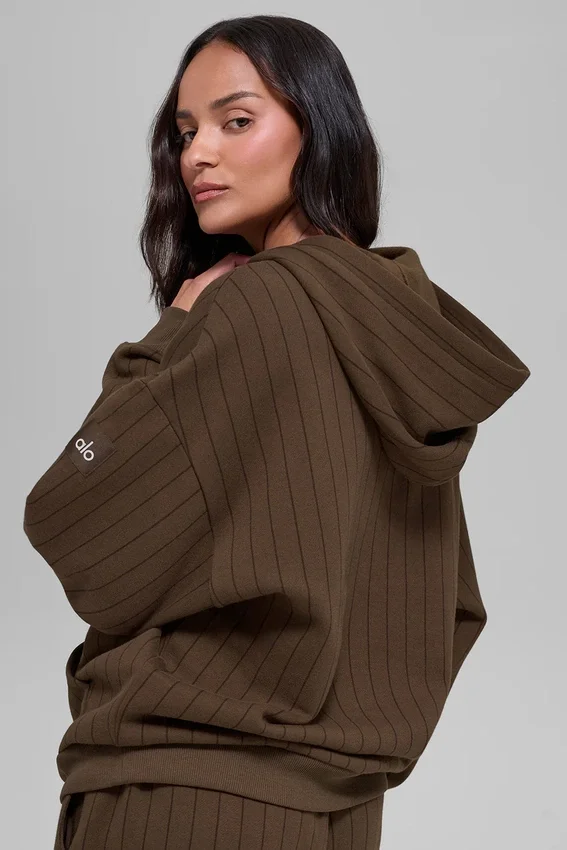 Çizgili Kapüşonlu Sweatshirt - Espresso Çizgili