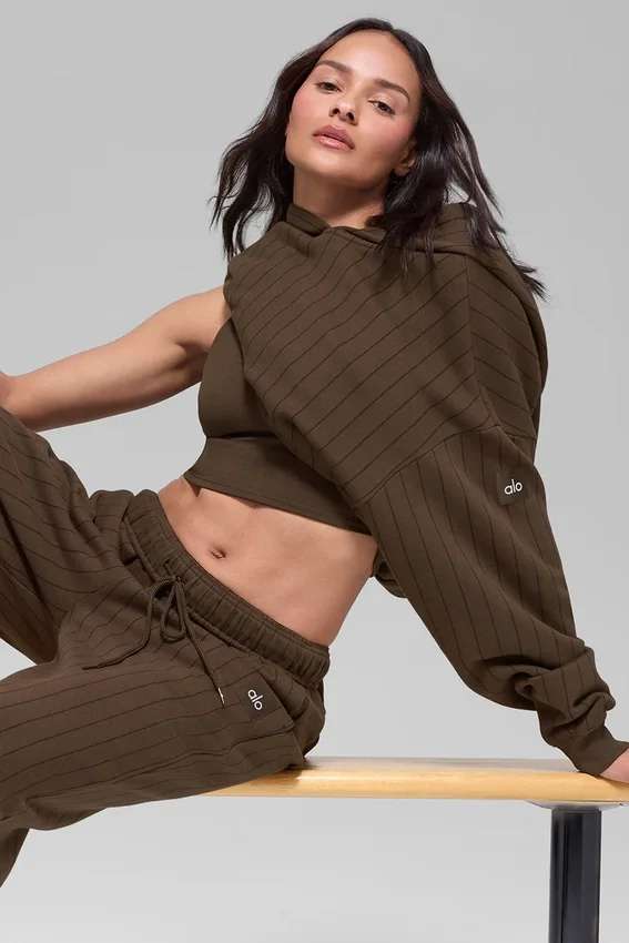Çizgili Kapüşonlu Sweatshirt - Espresso Çizgili