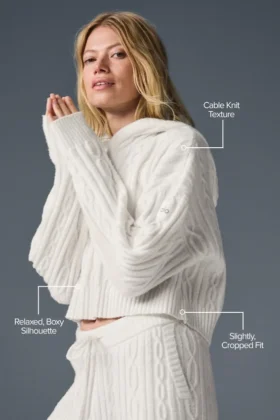 Kablo Örgü Winter Bliss Kapüşonlu Kapüşonlu Sweatshirt – Fildişi