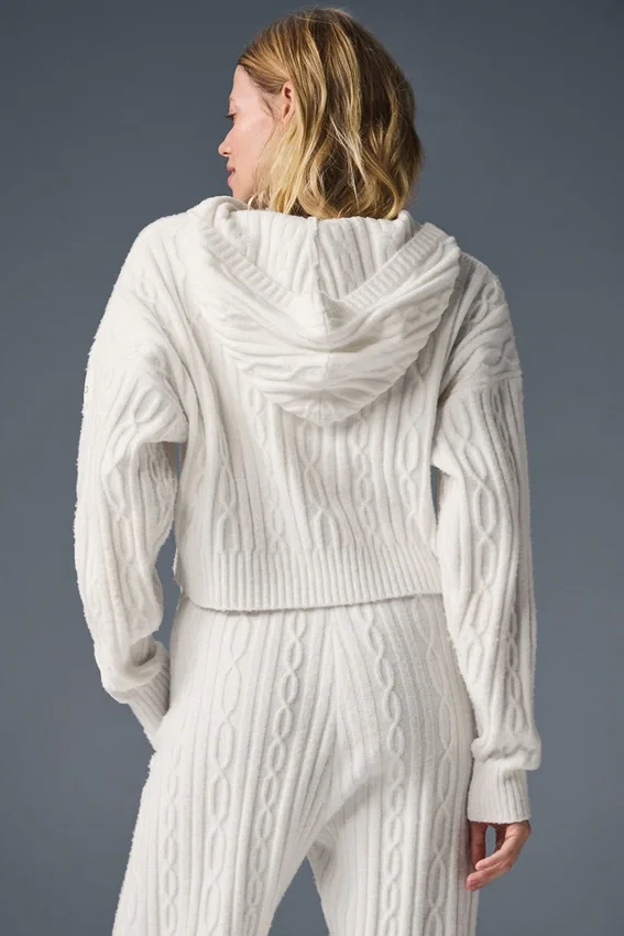 Kablo Örgü Winter Bliss Kapüşonlu Kapüşonlu Sweatshirt - Fildişi