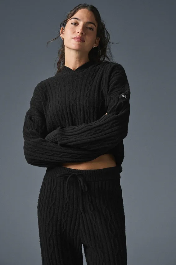 Kablo Örgü Winter Bliss Kapüşonlu Kapüşonlu Sweatshirt - Siyah