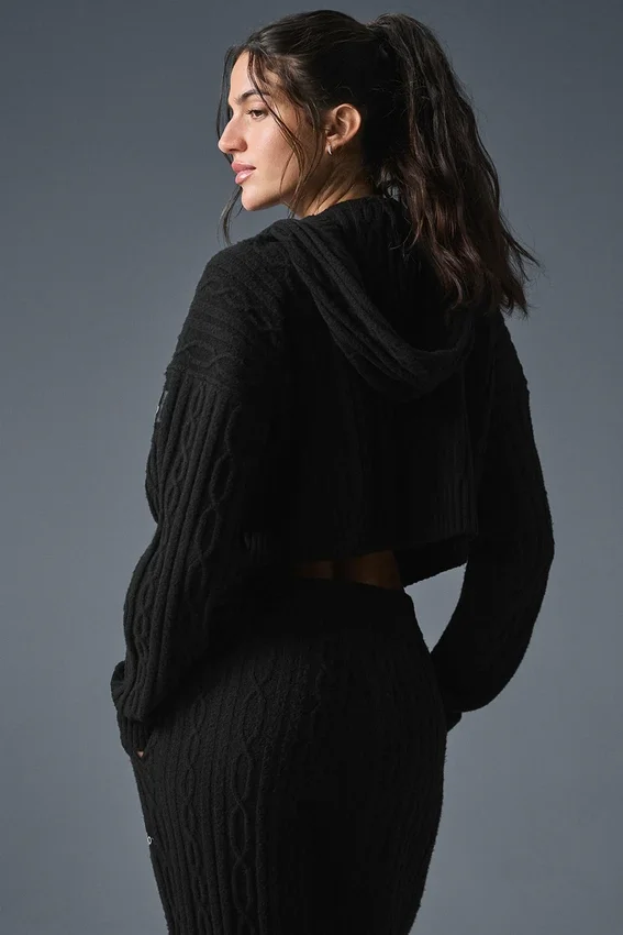 Kablo Örgü Winter Bliss Kapüşonlu Kapüşonlu Sweatshirt - Siyah