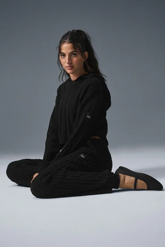 Kablo Örgü Winter Bliss Kapüşonlu Kapüşonlu Sweatshirt - Siyah
