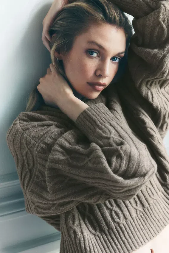 Kablo Örgü Winter Bliss Kapüşonlu Sweatshirt - Açık Kakao