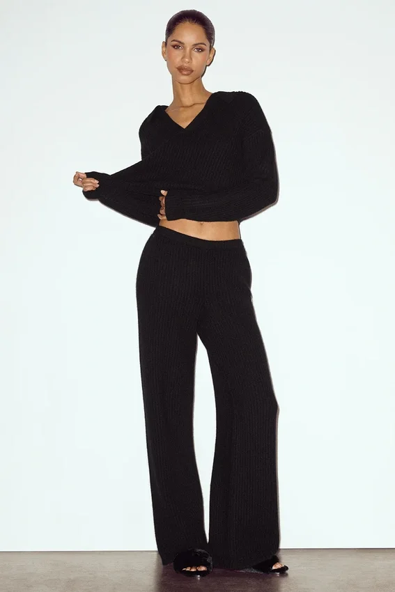Kaşmir High-Waist Northstar Düz Paça Pantolon - Siyah