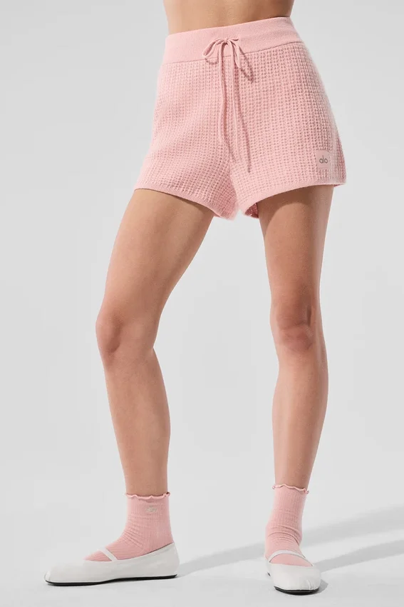 Kaşmir High-Waist Peluş Waffle Şort - Pembe Kuvars