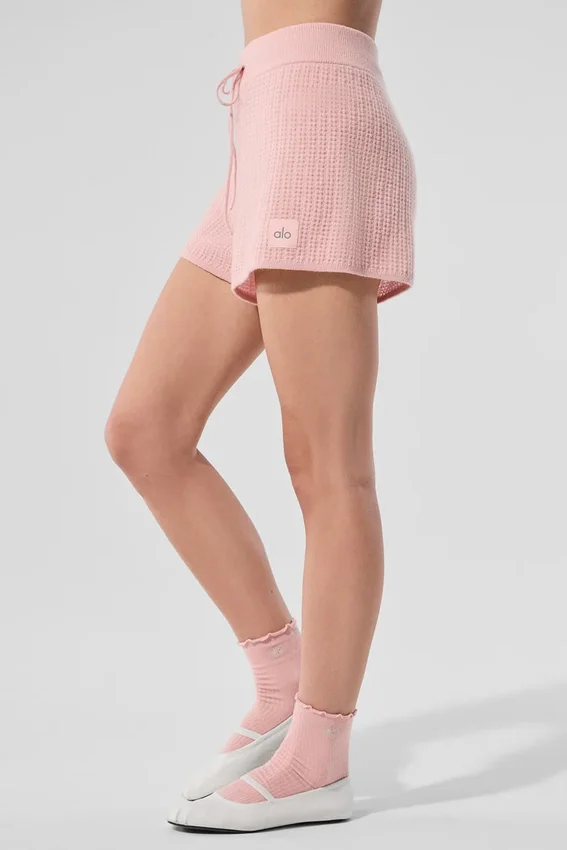 Kaşmir High-Waist Peluş Waffle Şort - Pembe Kuvars