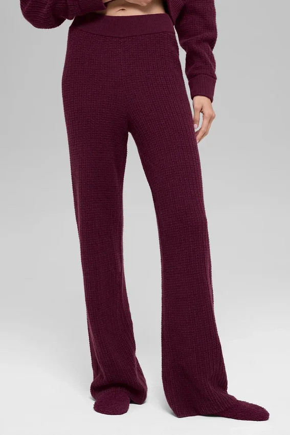 Kaşmir High-Waist Peluş Waffle Pantolon - Bordo