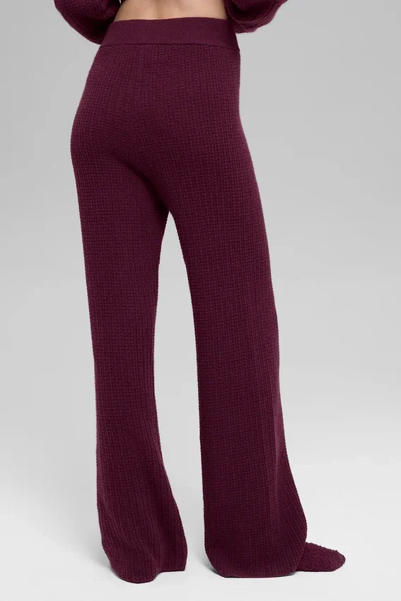 Kaşmir High-Waist Peluş Waffle Pantolon - Bordo