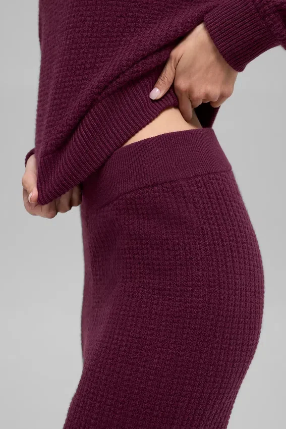 Kaşmir High-Waist Peluş Waffle Pantolon - Bordo