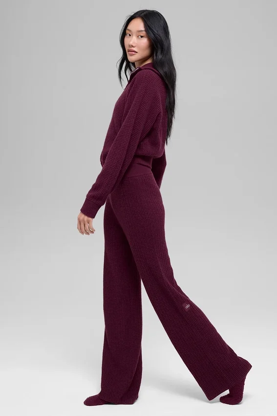 Kaşmir High-Waist Peluş Waffle Pantolon - Bordo