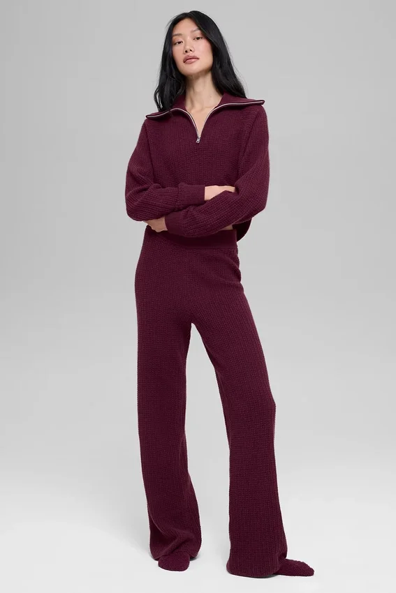 Kaşmir High-Waist Peluş Waffle Pantolon - Bordo