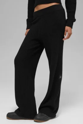 Kaşmir High-Waist Peluş Waffle Pantolon - Siyah