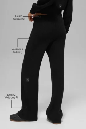 Kaşmir High-Waist Peluş Waffle Pantolon – Siyah