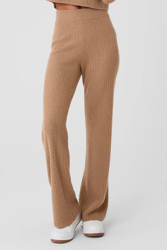 Kaşmir High-Waist Yumuşacık Waffle Pantolon - Kavrulmuş Badem