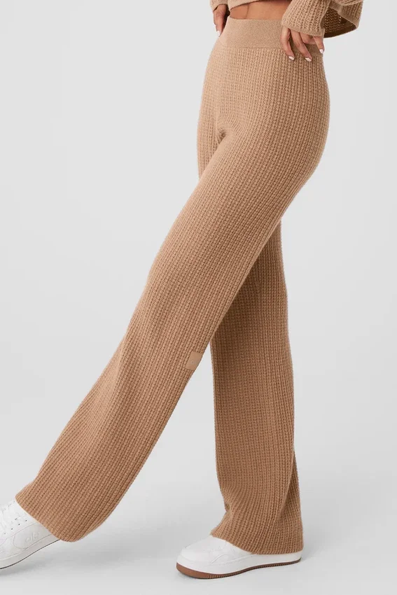 Kaşmir High-Waist Yumuşacık Waffle Pantolon - Kavrulmuş Badem