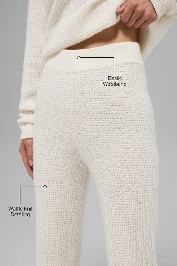 Kaşmir High-Waist Yumuşak Waffle Pantolon - Fildişi