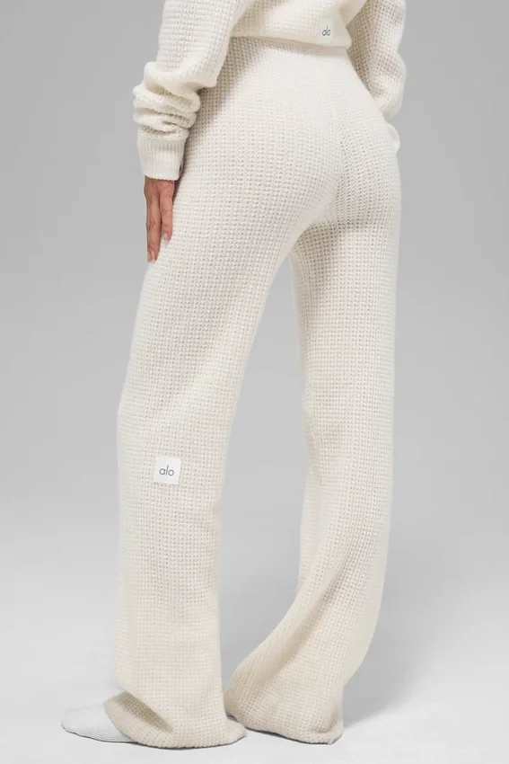 Kaşmir High-Waist Yumuşak Waffle Pantolon - Fildişi