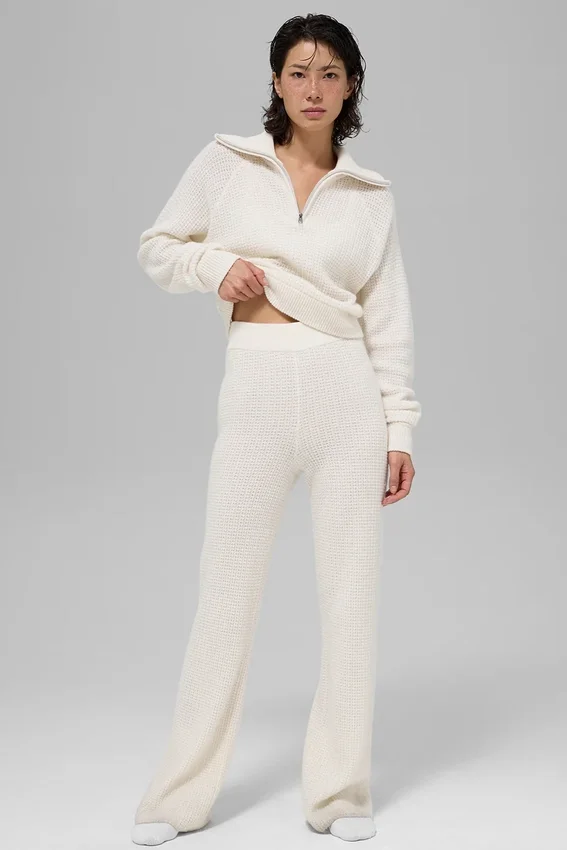 Kaşmir High-Waist Yumuşak Waffle Pantolon - Fildişi