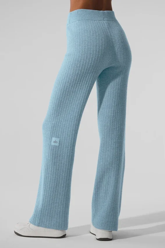 Kaşmir High-Waist Yumuşak Waffle Pantolon - Gökyüzü Mavisi Melanj