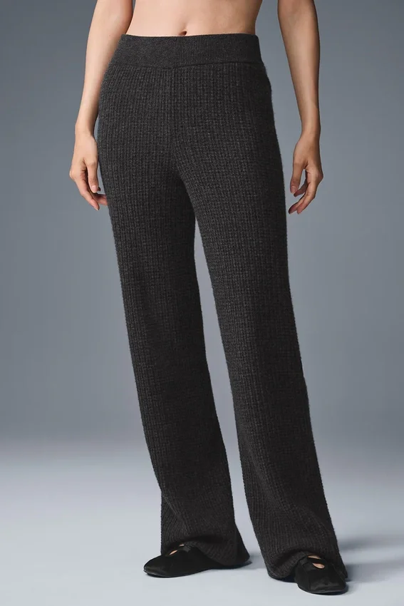 Kaşmir High-Waist Yumuşak Waffle Pantolon - Koyu Melanj Gri
