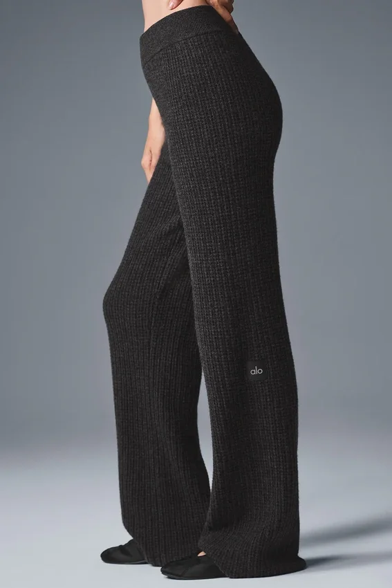 Kaşmir High-Waist Yumuşak Waffle Pantolon - Koyu Melanj Gri