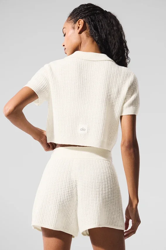 Kaşmir Peluş Waffle Polo Tişört - Fildişi