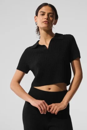 Kaşmir Peluş Waffle Polo Tişört - Siyah