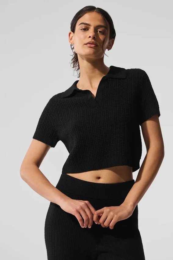 Kaşmir Peluş Waffle Polo Tişört - Siyah