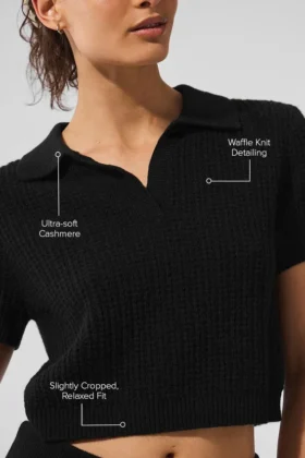 Kaşmir Peluş Waffle Polo Tişört – Siyah