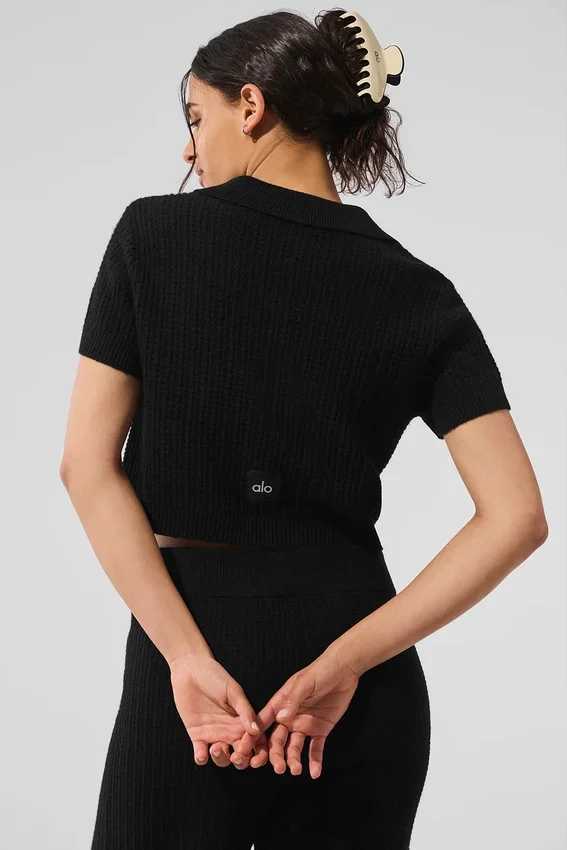 Kaşmir Peluş Waffle Polo Tişört - Siyah