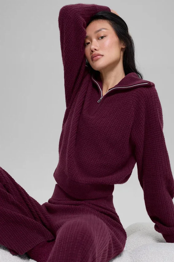 Kaşmir Plüş Waffle 1/4 Fermuarlı Kazak - Bordo